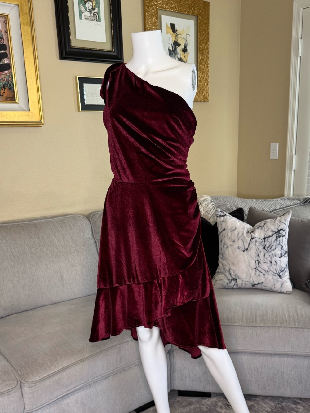 Chelsea & Violet Red / Burgundy Velvet One Shoulder Dress Size L